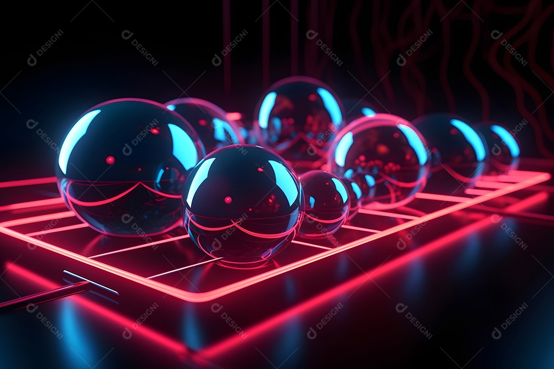 Composição minimalista abstrata com bolas brilhantes sobre fundo retangular de formas limpas.