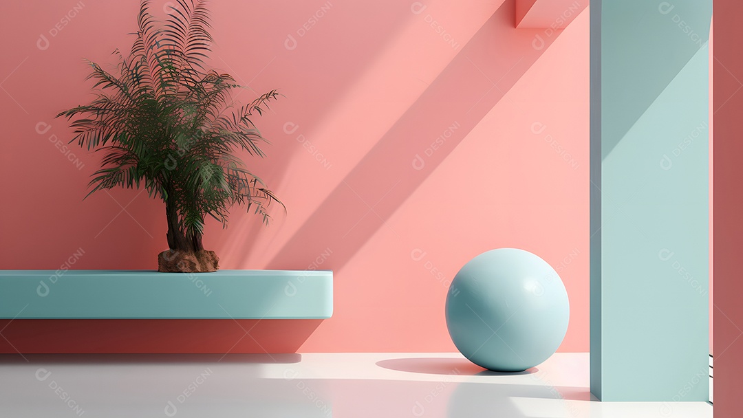 Composição minimalista abstrata com bolas brilhantes sobre fundo retangular de formas limpas.