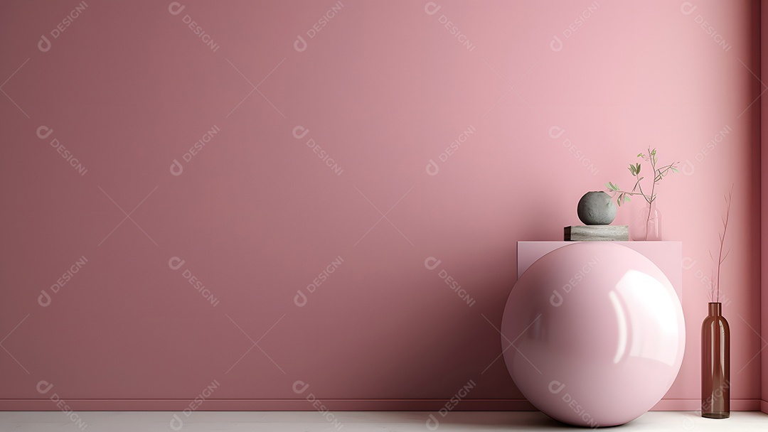 Composição minimalista abstrata com bolas brilhantes sobre fundo retangular de formas limpas.