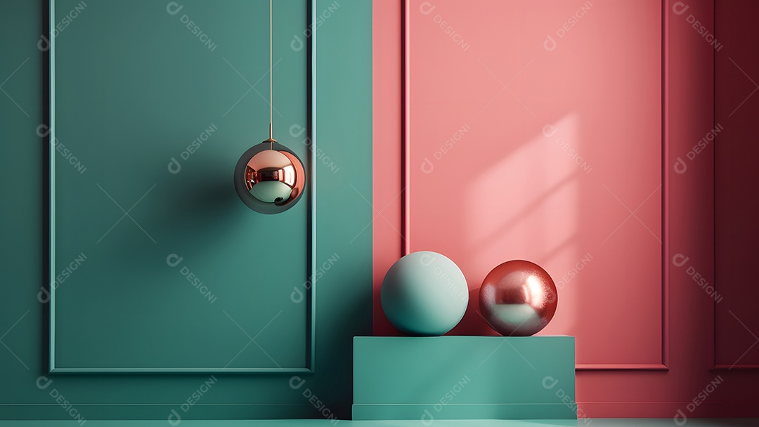 Composição minimalista abstrata com bolas brilhantes sobre fundo retangular de formas limpas.