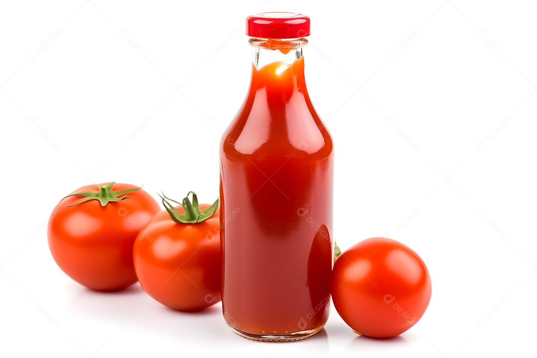 Garrafa de vidro com ketchup e alguns tomates isolados em fundo branco.