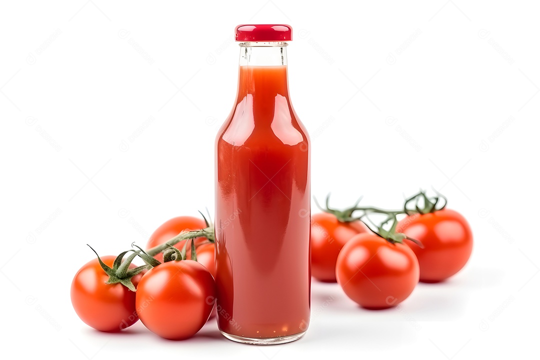 Garrafa de vidro com ketchup e alguns tomates isolados em fundo branco.