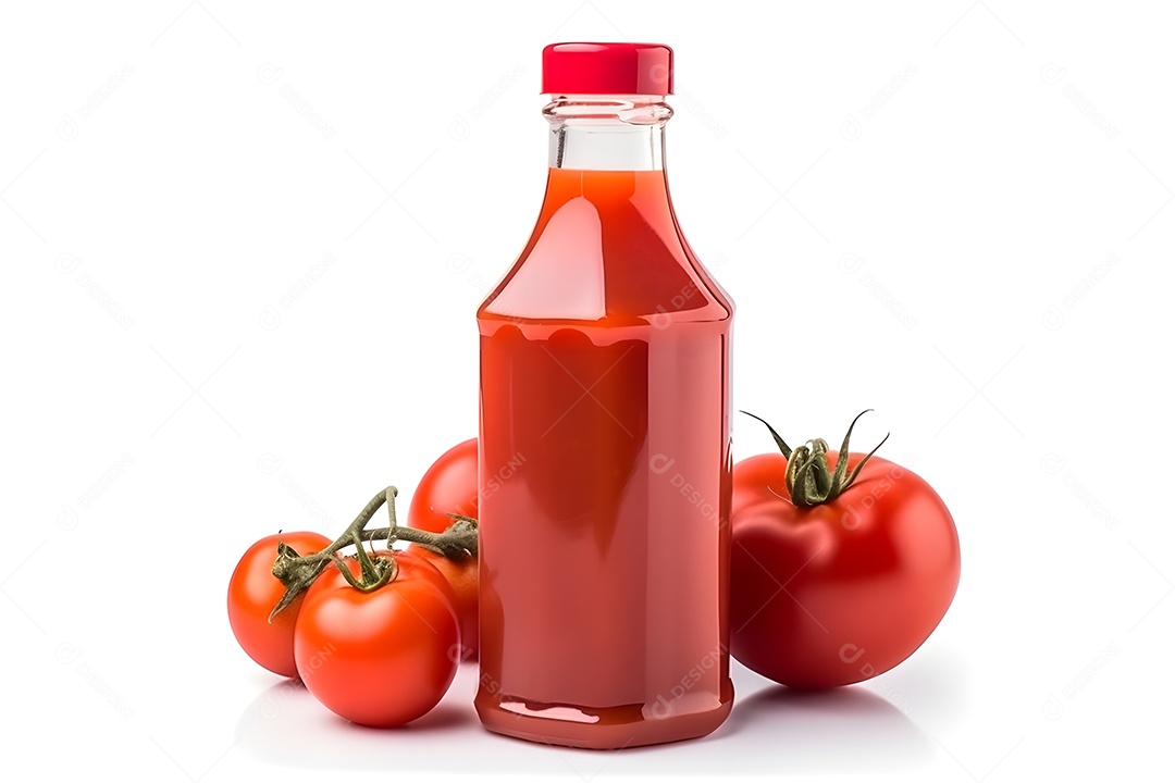 Garrafa de vidro com ketchup e alguns tomates isolados em fundo branco.