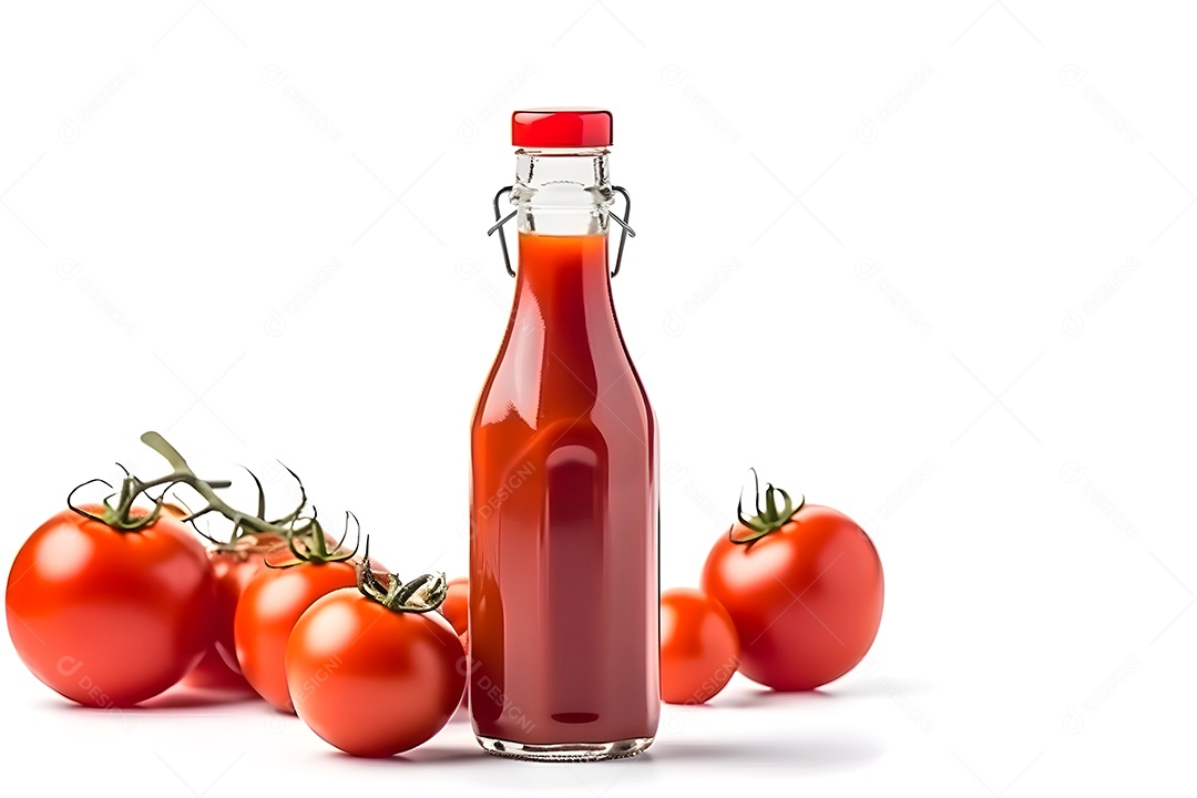 Garrafa de vidro com ketchup e alguns tomates isolados em fundo branco.