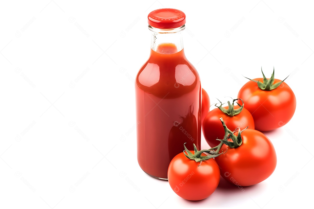 Garrafa de vidro com ketchup e alguns tomates isolados em fundo branco.