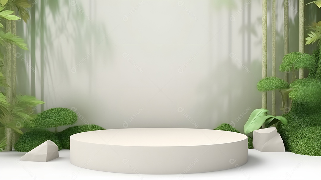 Pódio com espaço vazio para colocação de produtos em tons de branco com folhas verdes na lateral