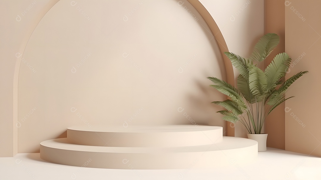Pódio com espaço vazio para colocação de produtos em tons de branco com folhas verdes na lateral