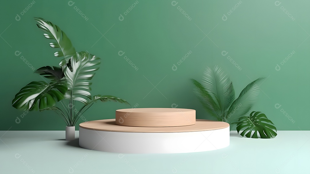 Pódio com espaço vazio para colocação de produtos em tons de branco com folhas verdes na lateral