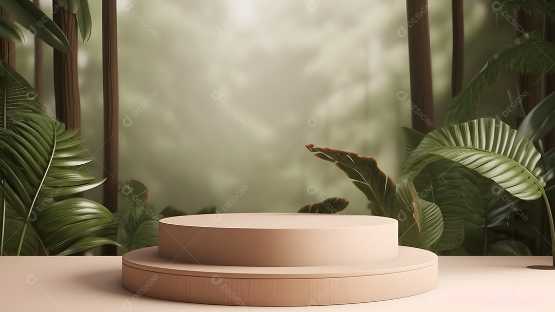Pódio com espaço vazio para colocação de produtos em tons de branco com folhas verdes na lateral