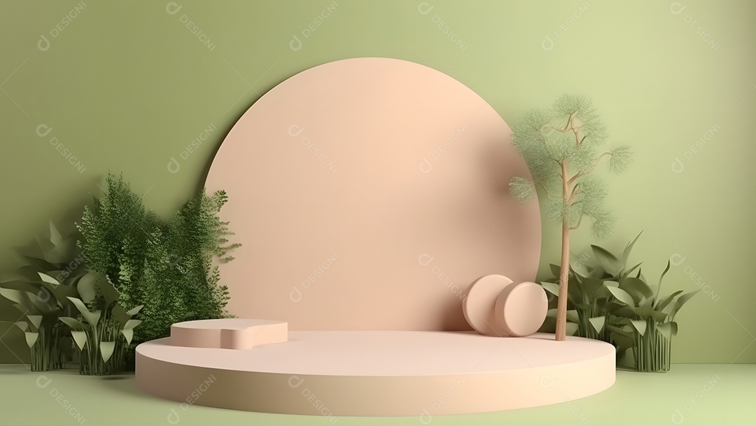 Pódio com espaço vazio para colocação de produtos em tons de branco com folhas verdes na lateral