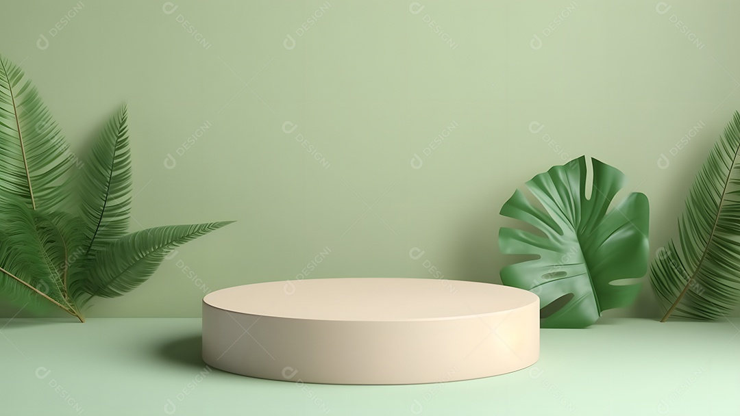 Pódio com espaço vazio para colocação de produtos em tons de branco com folhas verdes na lateral