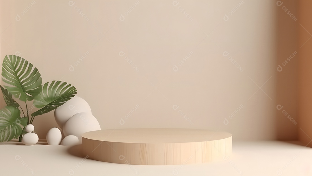 Pódio com espaço vazio para colocação de produtos em tons de branco com folhas verdes na lateral