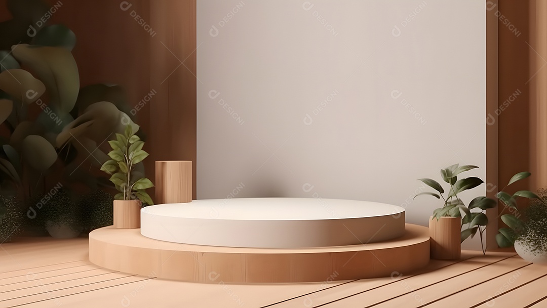 Pódio com espaço vazio para colocação de produtos em tons de branco com folhas verdes na lateral