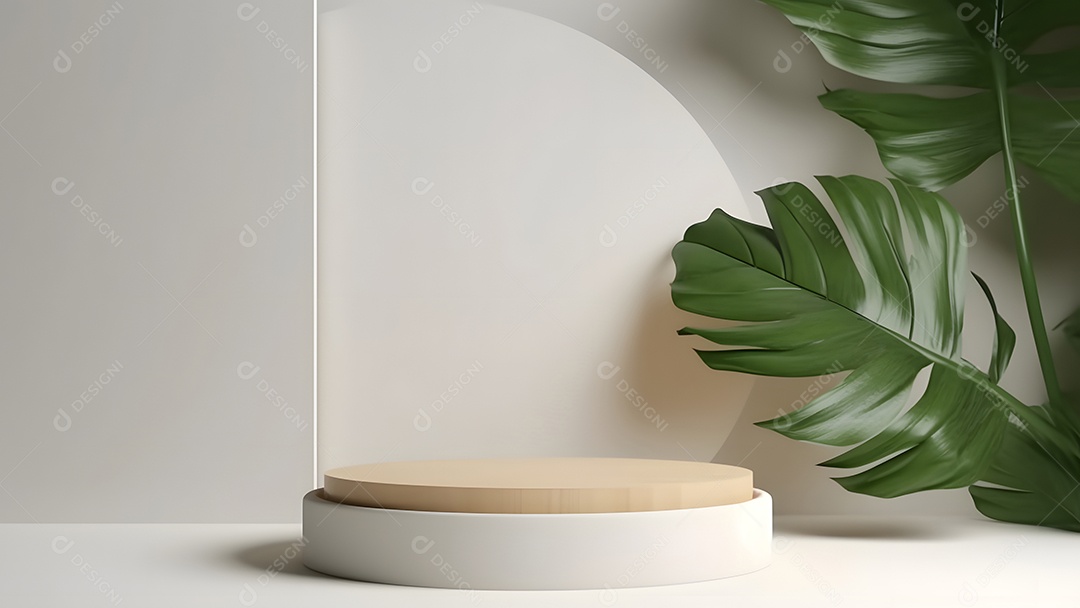 Pódio com espaço vazio para colocação de produtos em tons de branco com folhas verdes na lateral