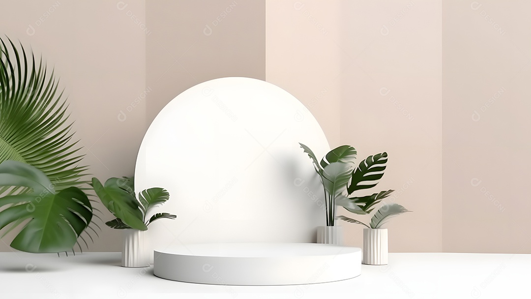 Pódio com espaço vazio para colocação de produtos em tons de branco com folhas verdes na lateral