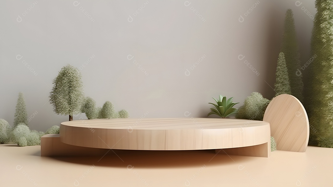 Pódio com espaço vazio para colocação de produtos em tons de branco com folhas verdes na lateral