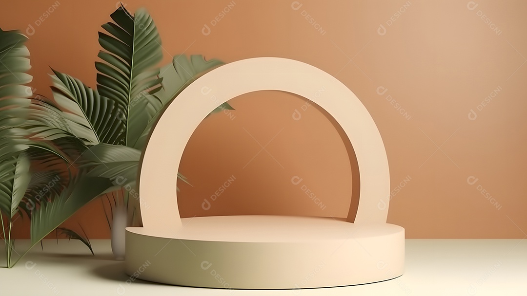 Pódio com espaço vazio para colocação de produtos em tons de branco com folhas verdes na lateral