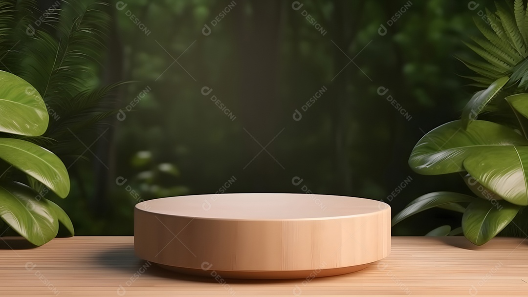 Pódio com espaço vazio para colocação de produtos em tons de branco com folhas verdes na lateral