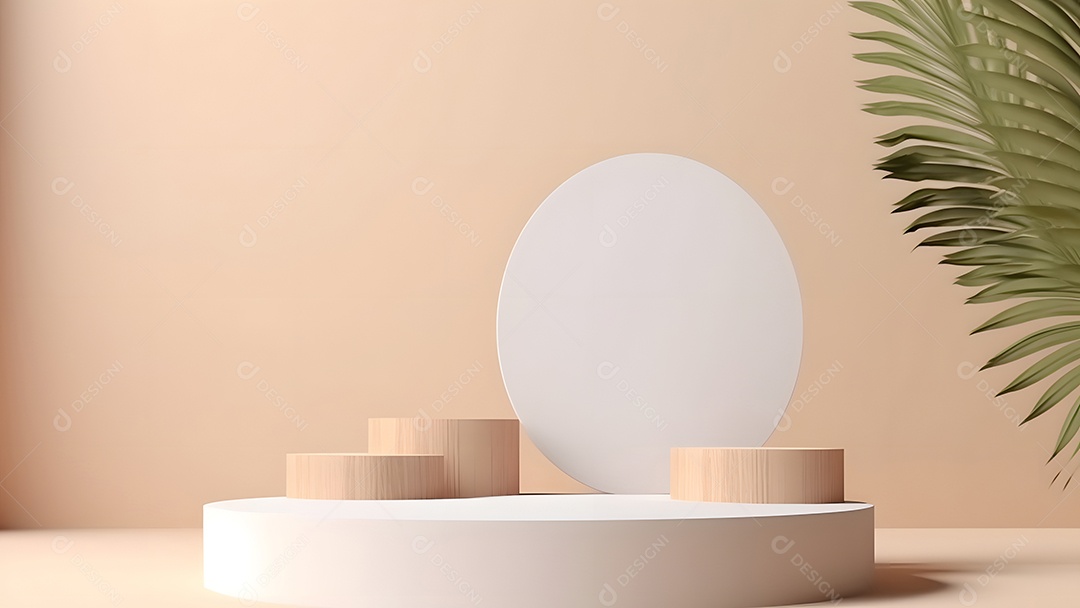 Pódio com espaço vazio para colocação de produtos em tons de branco com folhas verdes na lateral