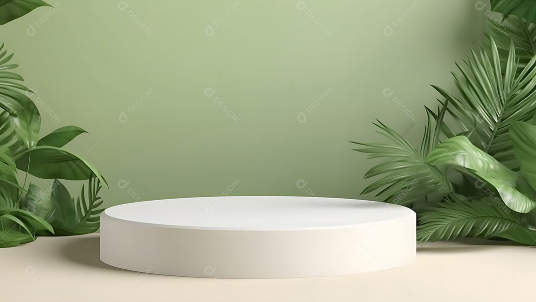 Pódio com espaço vazio para colocação de produtos em tons de branco com folhas verdes na lateral