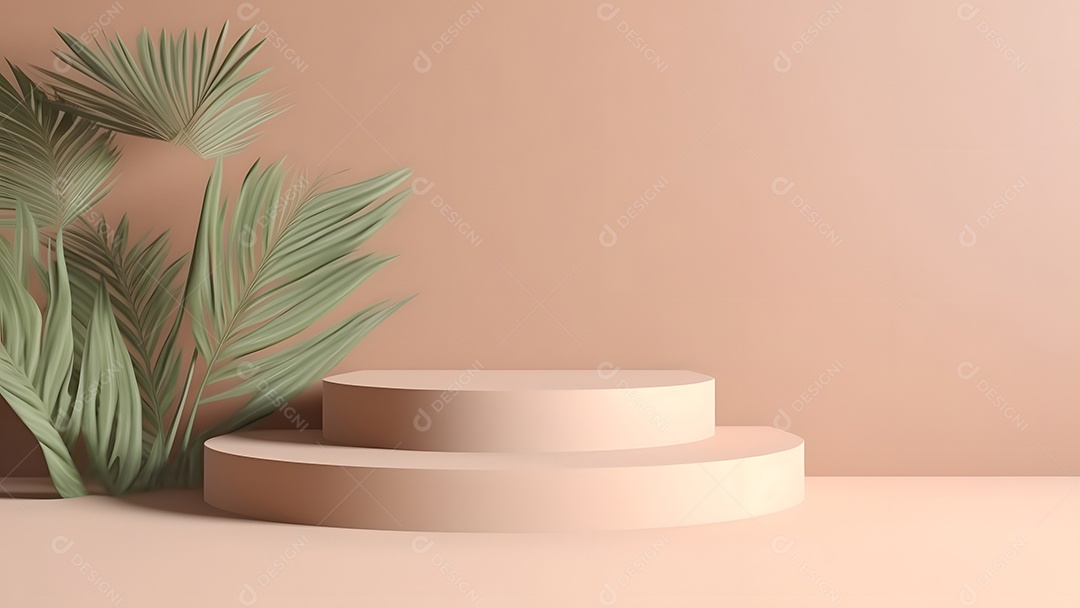 Pódio com espaço vazio para colocação de produtos em tons de branco com folhas verdes na lateral