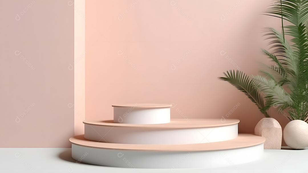 Pódio com espaço vazio para colocação de produtos em tons de branco com folhas verdes na lateral