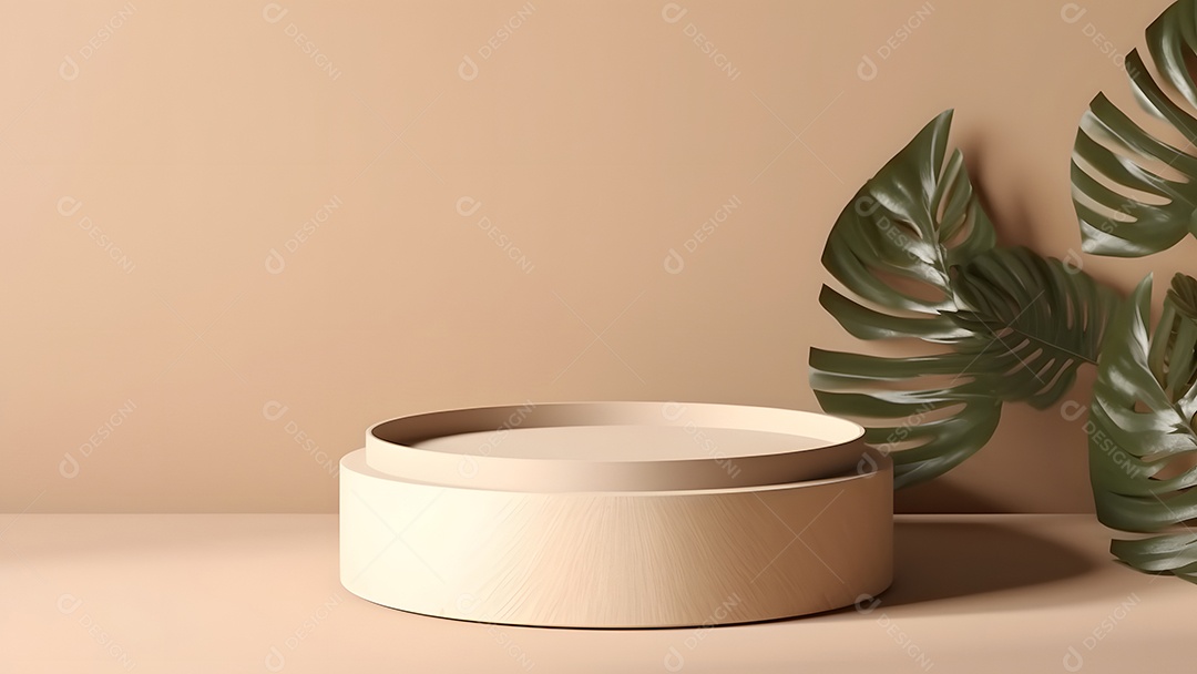 Pódio com espaço vazio para colocação de produtos em tons de branco com folhas verdes na lateral