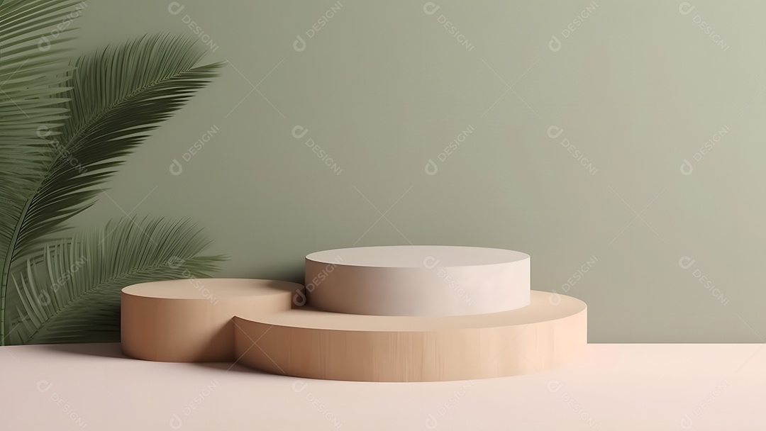 Pódio com espaço vazio para colocação de produtos em tons de branco com folhas verdes na lateral