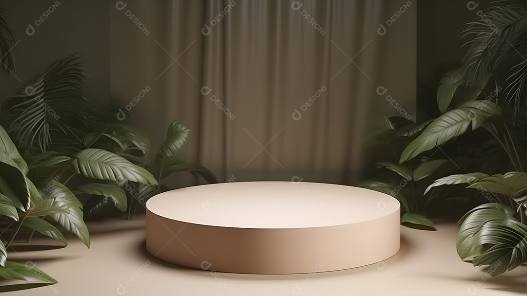 Pódio com espaço vazio para colocação de produtos em tons de branco com folhas verdes na lateral