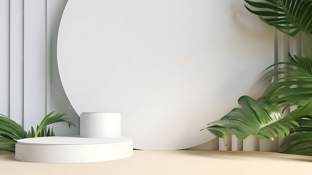 Pódio com espaço vazio para colocação de produtos em tons de branco com folhas verdes na lateral