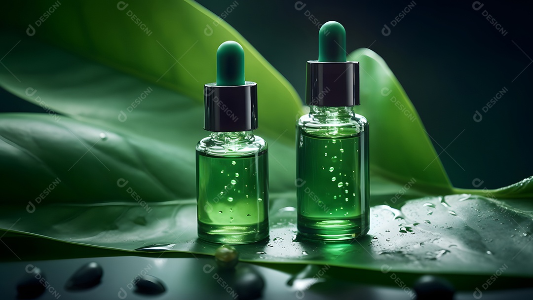 Dois pequenos frascos verdes com soro de óleo sobre uma grande folha verde com gotas de água.