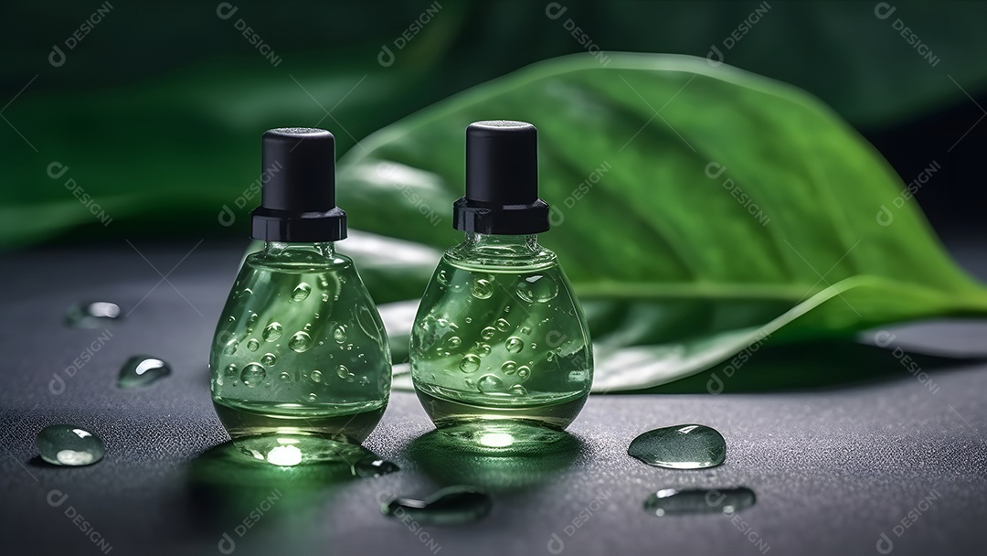 Dois pequenos frascos verdes com soro de óleo sobre uma grande folha verde com gotas de água.