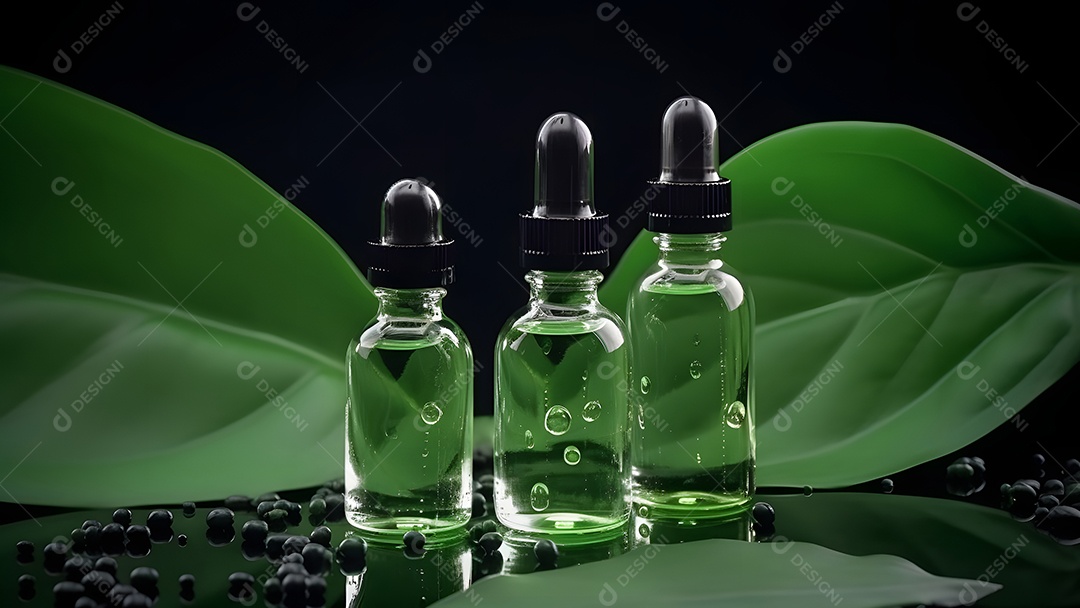 Dois pequenos frascos verdes com soro de óleo sobre uma grande folha verde com gotas de água.
