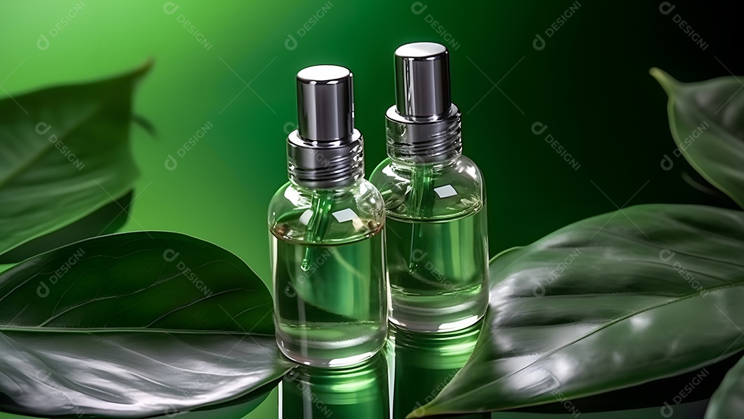 Dois pequenos frascos verdes com soro de óleo sobre uma grande folha verde com gotas de água.