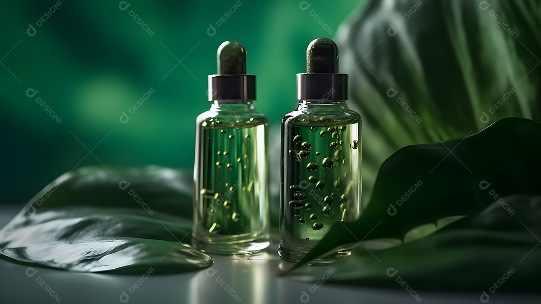 Dois pequenos frascos verdes com soro de óleo sobre uma grande folha verde com gotas de água.