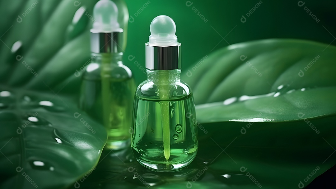 Dois pequenos frascos verdes com soro de óleo sobre uma grande folha verde com gotas de água.