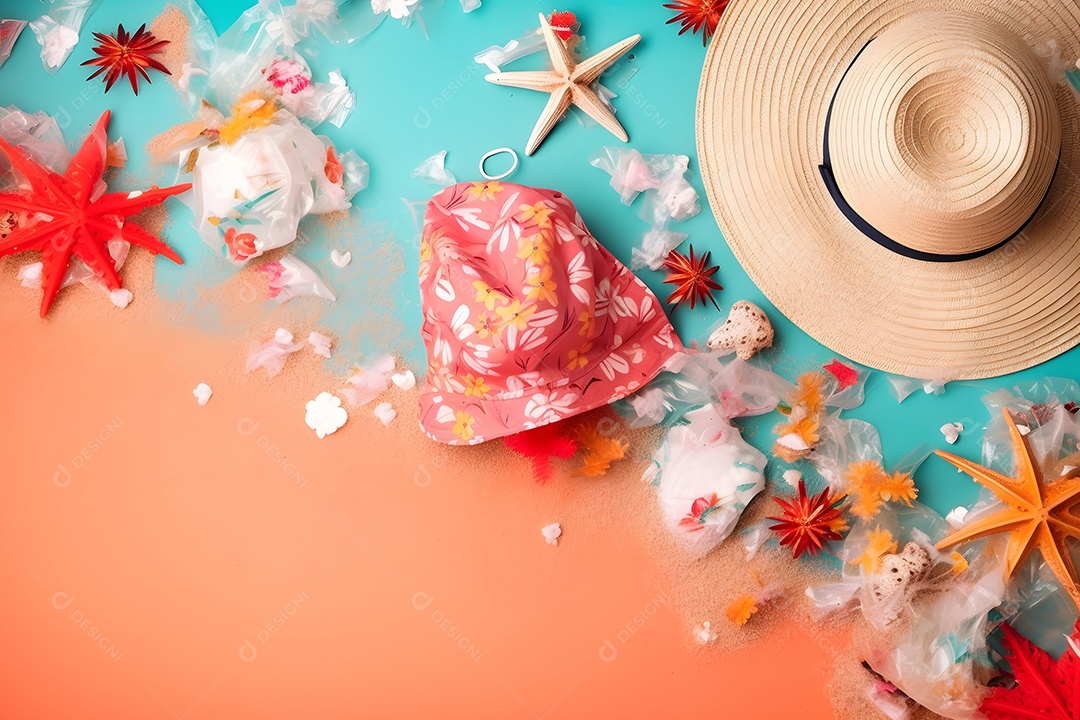 Tema de férias. Acessórios de férias na areia - fundo de quadro inteiro