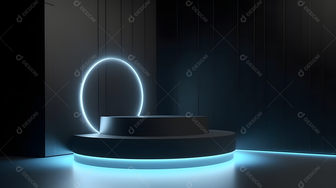 Pódio com espaço vazio para colocação de produtos em estilo neon escuro