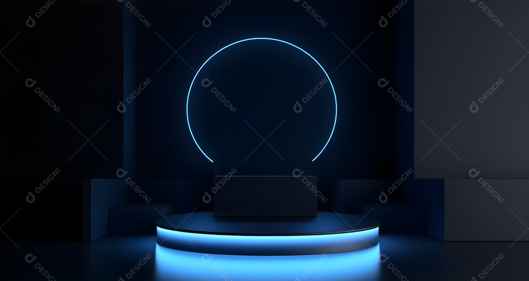 Pódio com espaço vazio para colocação de produtos em estilo neon escuro.
