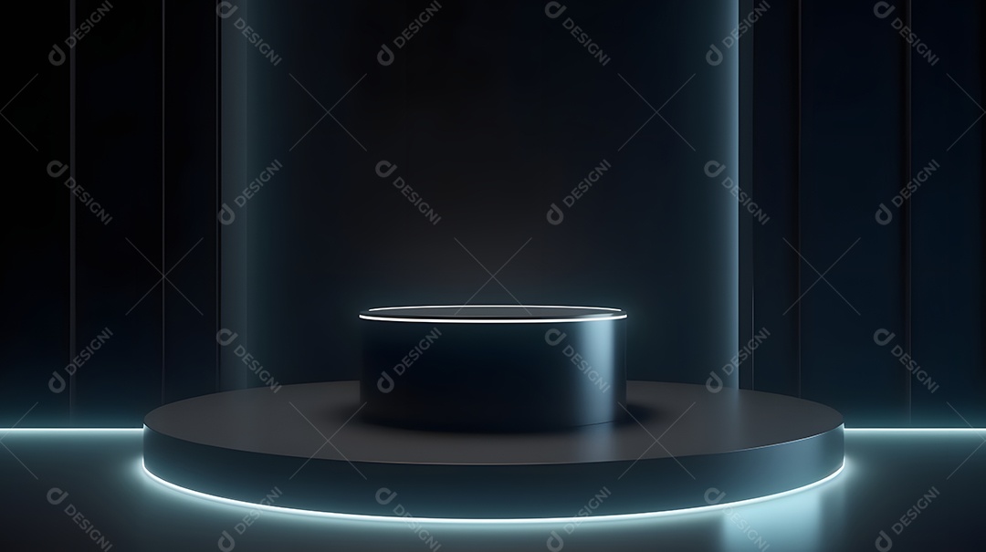 Pódio com espaço vazio para colocação de produtos em estilo neon escuro.
