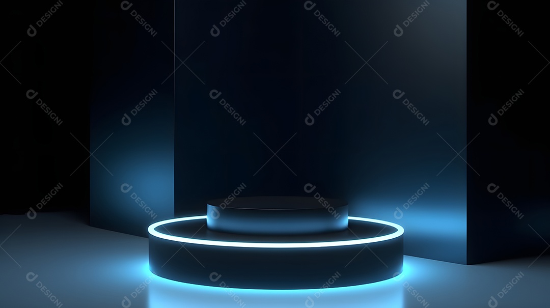 Pódio com espaço vazio para colocação de produtos em estilo neon escuro.