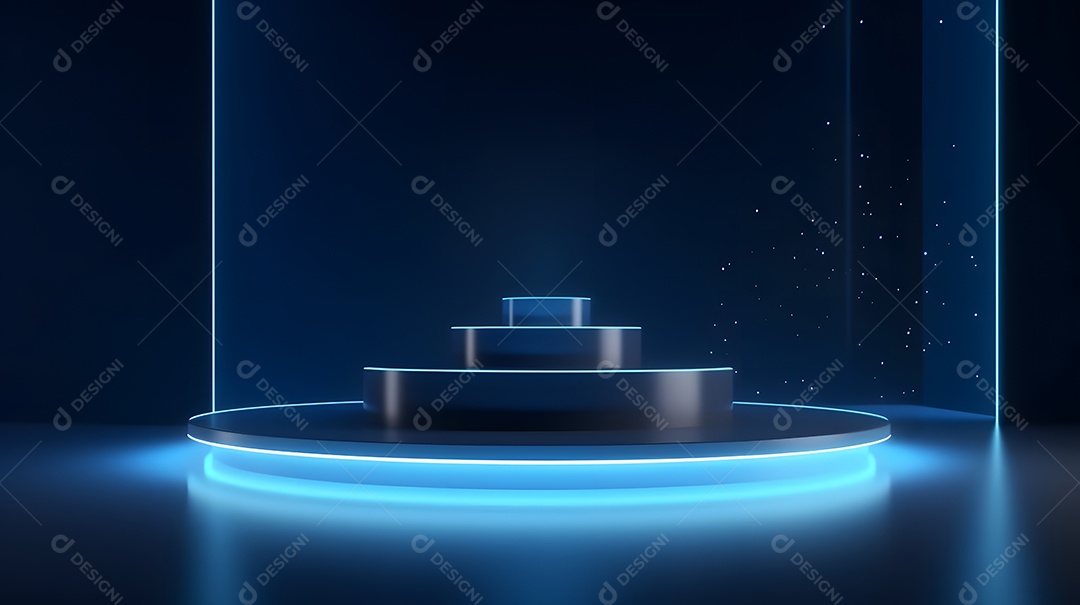 Pódio com espaço vazio para colocação de produtos em estilo neon escuro.