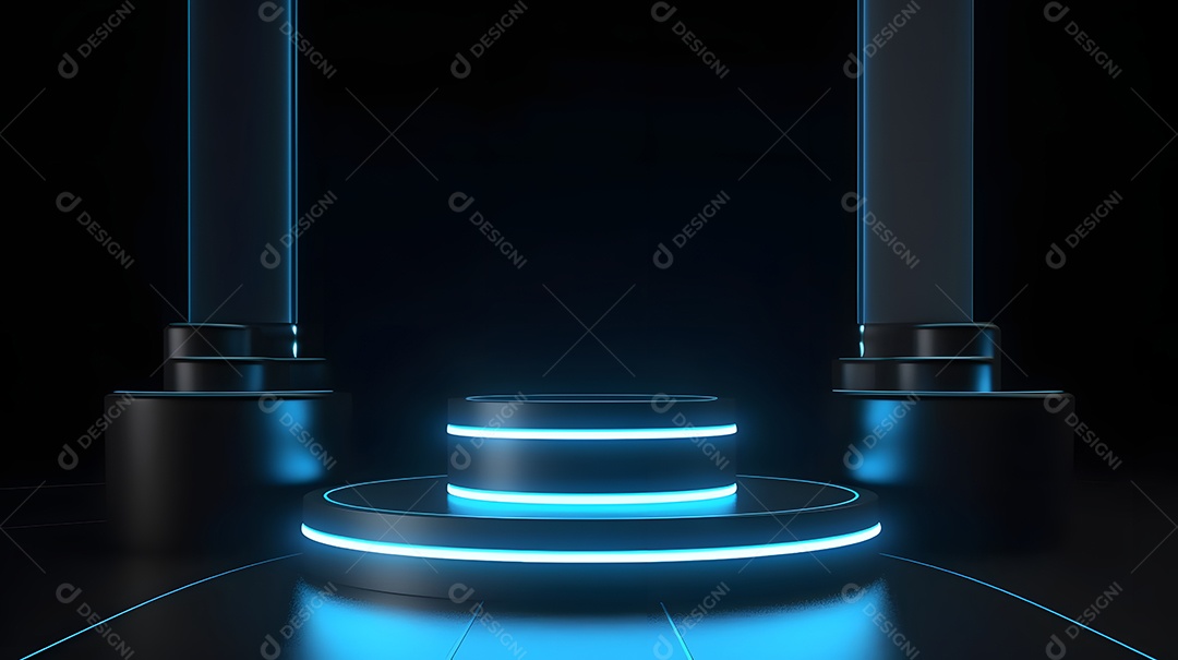 Pódio com espaço vazio para colocação de produtos em estilo neon escuro.