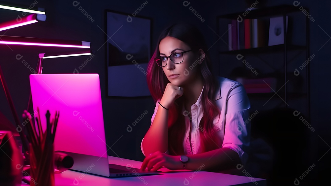 Mulher linda sentado em frente ao laptop na mesa da cozinha à noite com seu gato em casa.