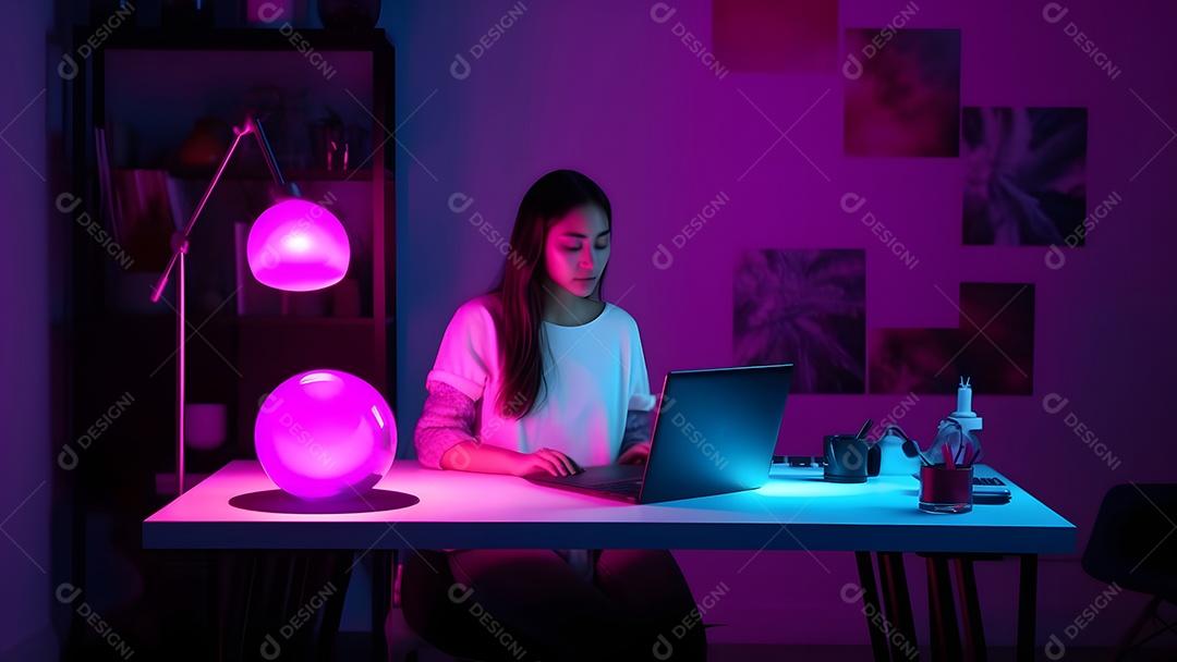 Homem asiático adulto sentado em frente ao laptop na mesa da cozinha à noite com seu gato em casa.