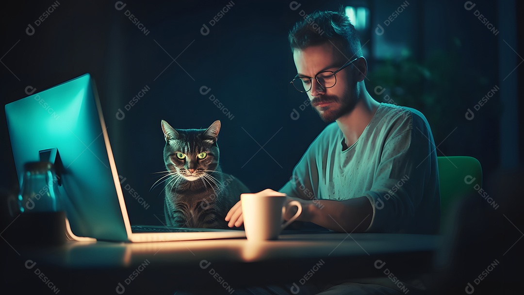 Homem asiático adulto sentado em frente ao laptop na mesa da cozinha à noite com seu gato em casa.