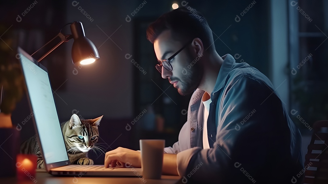 Homem asiático adulto sentado em frente ao laptop na mesa da cozinha à noite com seu gato em casa.