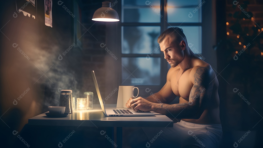 Homem asiático adulto sentado em frente ao laptop na mesa da cozinha à noite com seu gato em casa.