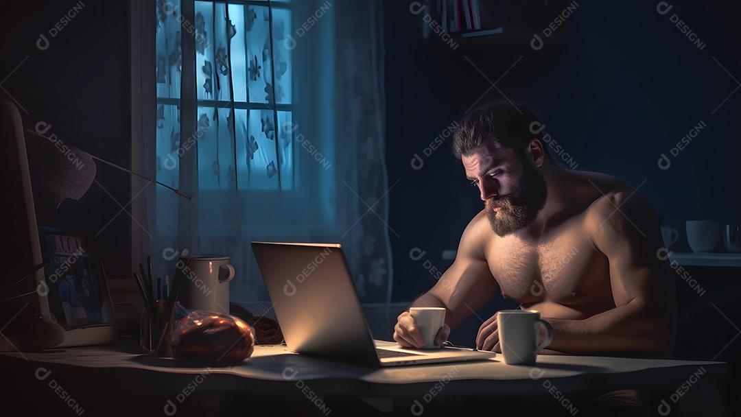 Homem asiático adulto sentado em frente ao laptop na mesa da cozinha à noite com seu gato em casa.