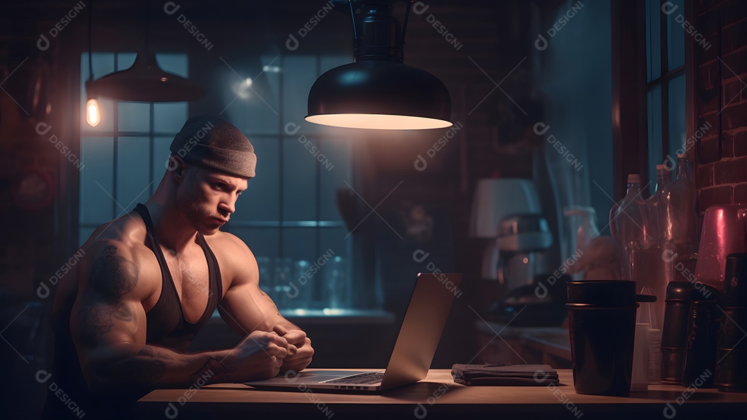 Homem asiático adulto sentado em frente ao laptop na mesa da cozinha à noite com seu gato em casa.